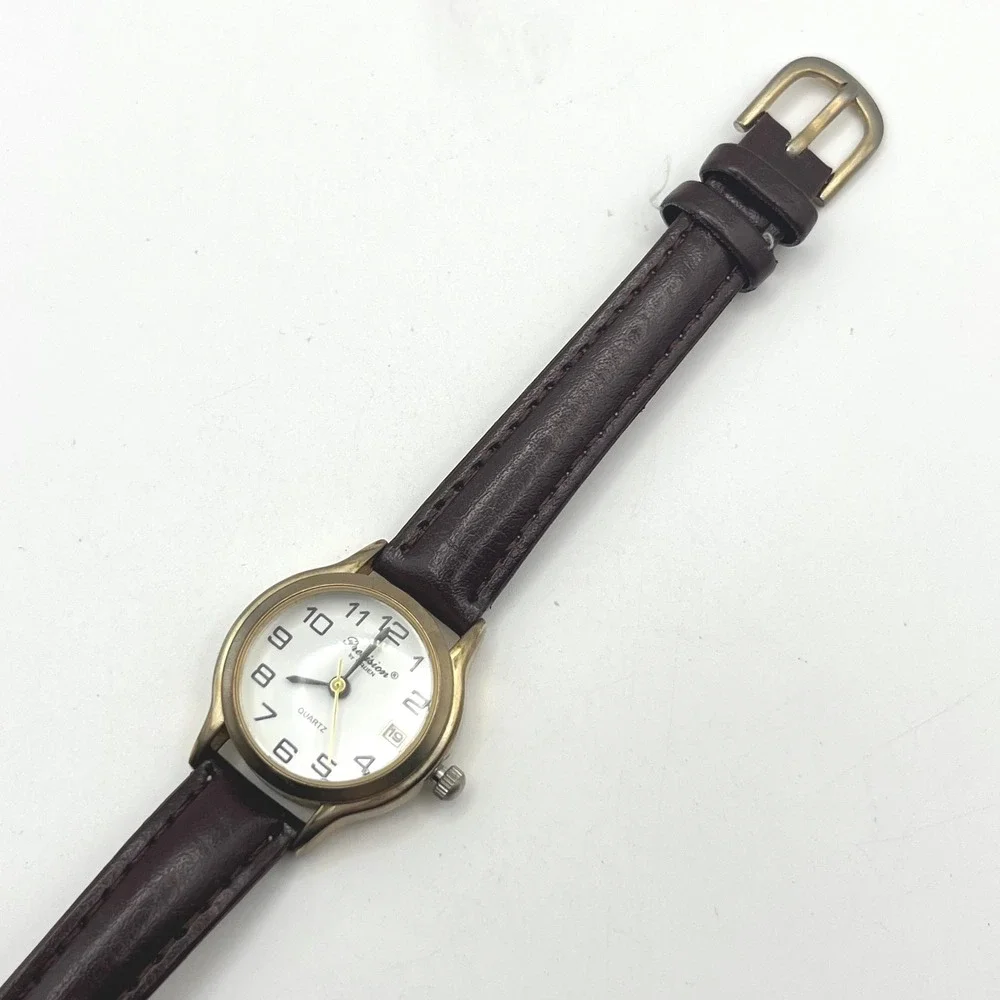 Precision by Gruen GP572L Womens Quartz Watch Gold Tone Brown Strap Date Window